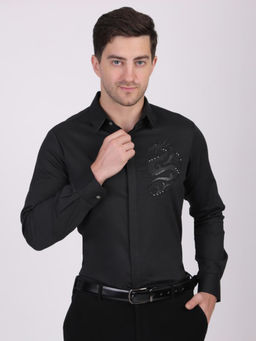 Pier seven - Men Black Signature Cotton Embroidered Slim Fit Shirt