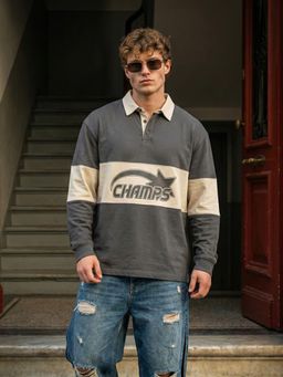 VEIRDO - Men Champs Beige Oversized Full Sleeves Polo T-shirt