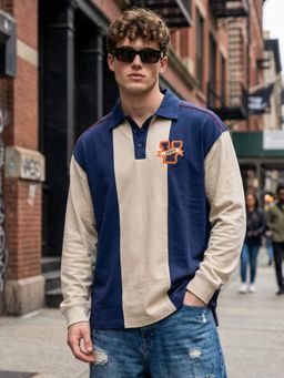 VEIRDO - Men Beige and Navy Blue Oversized Full Sleeves Polo T-shirt