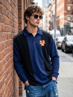 VEIRDO - Men Navy Blue and Black Oversized Full Sleeves Polo T-shirt