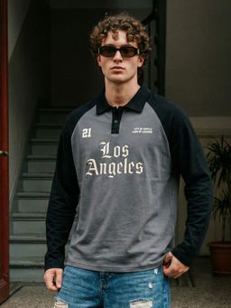 VEIRDO - Men Grey Colorblock Oversized Full Sleeves Polo T-shirt