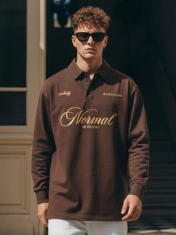 VEIRDO - Men Brown Typography Oversized Full Sleeves Polo T-shirt