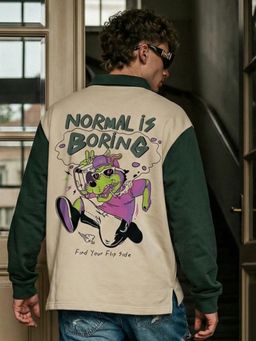 VEIRDO - Men Beige and Green Graphic Oversized Polo T-shirt