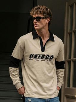 VEIRDO - Men Beige Typography Oversized Polo T-shirt