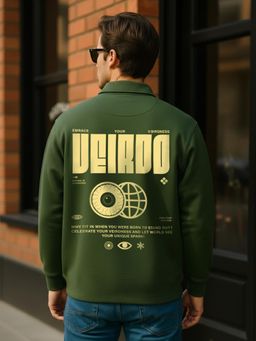 VEIRDO - Men Olive Printed Oversized Polo T-shirt