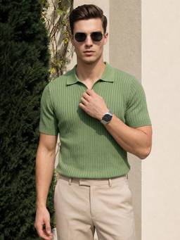 VEIRDO - Men Light Green Knit Regular Fit Polo T-shirt