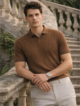 VEIRDO - Men Brown Knit Regular Fit Polo T-shirt