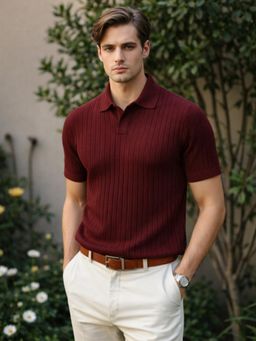 VEIRDO - Men Maroon Knit Regular Fit Polo T-shirt