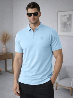 VEIRDO - Men Sky-Blue Solid Regular Fit Zipper Polo T-shirt