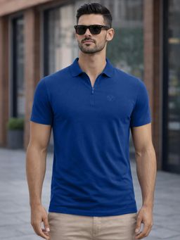 VEIRDO - Men Navy Blue Solid Regular Fit Zipper Polo T-shirt