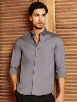 CAHOOT - Men Grey Solid Slim Fit Full Sleeves Shirt
