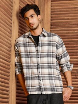 CAHOOT - Men Beige-Grey Tartan Checks Relaxed Fit Full Sleeves Shirt