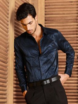 CAHOOT - Men Navy Blue Abstract Slim Fit Full Sleeves Shirt