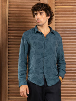 CAHOOT - Men Teal Floral Self Design Full Sleeves Shirt