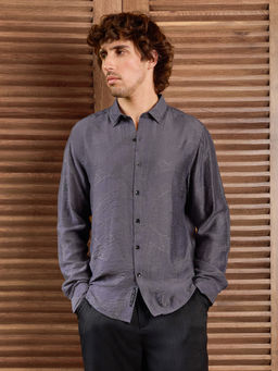 CAHOOT - Men Grey Self Design Regular Fit Full Sleeves Shirt