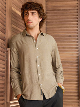 CAHOOT - Men Beige Self Design Regular Fit Full Sleeves Shirt