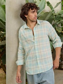 CAHOOT - Men Light Blue Tartan Checks Relaxed Fit Full Sleeves Shirt