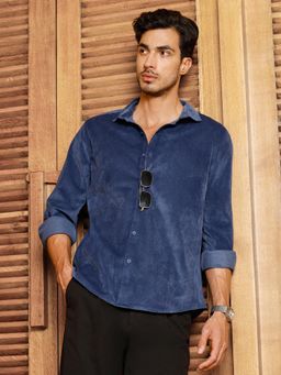 CAHOOT - Men Navy Blue Textured Regular Fit Full Sleeves Shirt