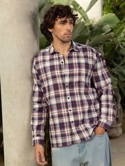 CAHOOT - Men Navy Blue Tartan Checks Relaxed Fit Full Sleeves Shirt