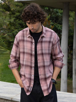 CAHOOT - Men Pink Tartan Checks Oversized Fit Full Sleeves Shirt