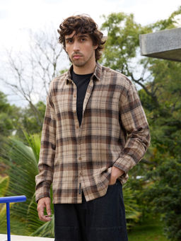 CAHOOT - Men Light Brown Tartan Checks Relaxed Fit Full Sleeves Shirt