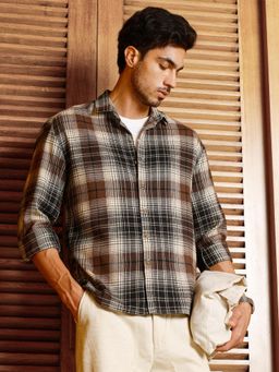 CAHOOT - Men Brown Tartan Checks Relaxed Fit Full Sleeves Shirt