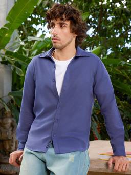 CAHOOT - Men Navy Blue Solid Regular Fit Full Sleeves Shirt