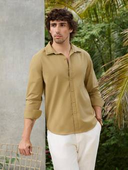 CAHOOT - Men Beige Solid Regular Fit Full Sleeves Shirt