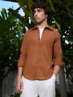 CAHOOT - Men Light Brown Solid Regular Fit Full Sleeves Shirt