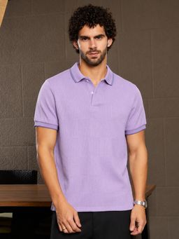 CAHOOT - Men Lavender Textured Regular Fit Half Sleeves Polo T-shirt