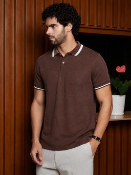 CAHOOT - Men Brown Textured Regular Fit Half Sleeves Polo T-shirt