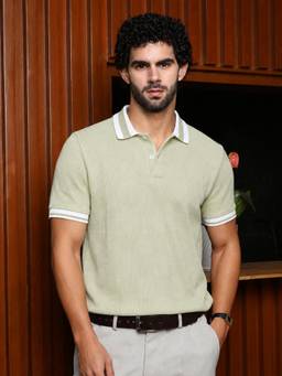 CAHOOT - Men Sage Green Textured Regular Fit Half Sleeves Polo T-shirt
