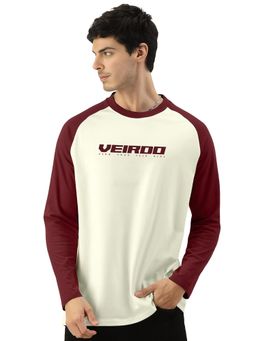 VEIRDO - Men Off White and Maroon Colorblock T-shirt