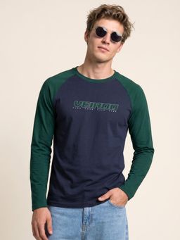VEIRDO - Men Navy Blue and Green Colorblock T-shirt