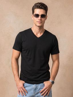 VEIRDO - Men Black Solid V-Neck T-shirt
