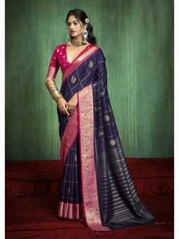 Gahan - Pink Navy Blue Woven Silk Blend Saree with Unstitched Blouse