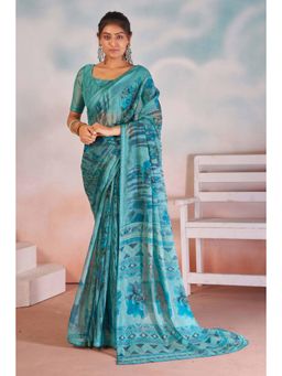 Gahan - Chiffon Foil Floral Printed Sky Blue Saree with Unstitched Blouse