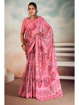 Gahan - Chiffon Foil Floral Printed Peach Saree with Unstitched Blouse