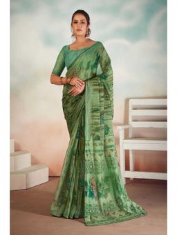 Gahan - Chiffon Foil Floral Printed Green Saree with Unstitched Blouse