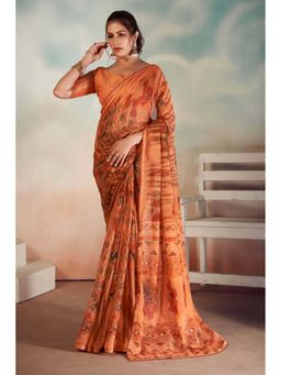 Gahan - Chiffon Foil Floral Printed Rust Orange Saree with Unstitched Blouse