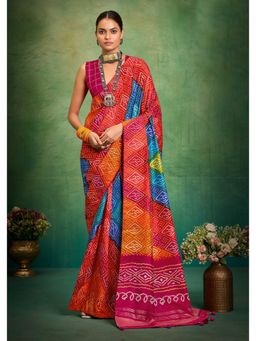 Gahan - Silk Blend Boutique Print Orange Saree with Unstitched Blouse