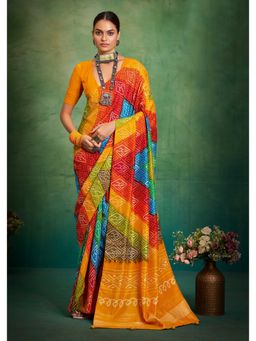 Gahan - Silk Blend Boutique Print Yellow Saree with Unstitched Blouse