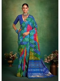 Gahan - Silk Blend Boutique Print Blue Saree with Unstitched Blouse