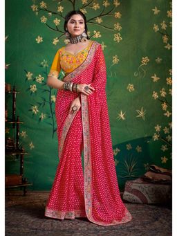 Gahan - Bemberg Georgette Embroidered Pink Saree with Unstitched Blouse