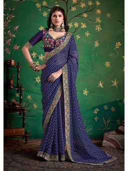 Gahan - Bemberg Georgette Embroidered Navy Blue Saree with Unstitched Blouse