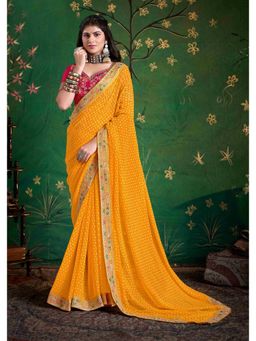 Gahan - Bemberg Georgette Embroidered Yellow Saree with Unstitched Blouse