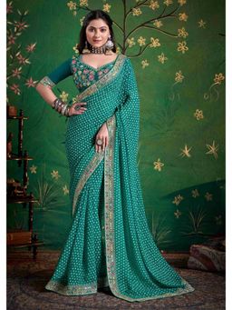 Gahan - Bemberg Georgette Embroidered Teal Saree with Unstitched Blouse