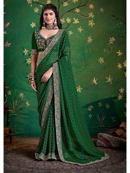 Gahan - Bemberg Georgette Embroidered Dark Green Saree with Unstitched Blouse