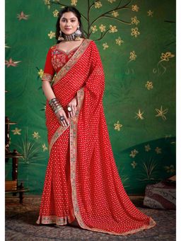 Gahan - Bemberg Georgette Embroidered Red Saree with Unstitched Blouse