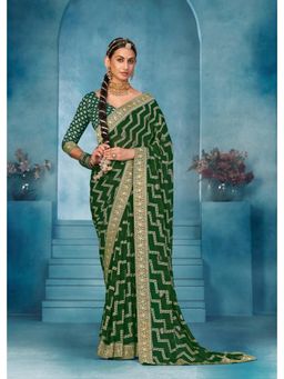 Gahan - Weightless Bandhani Print Green Saree with Unstitched Blouse